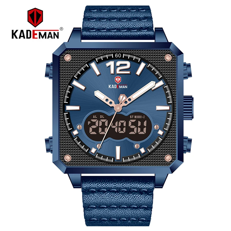 blue Топ люксовый бренд KADEMAN Мужские Аналоговые Цифровые спортивные часы из натуральной кожи квадратной формы кварцевые часы Relogio Masculino K9038 - Цвет: blue