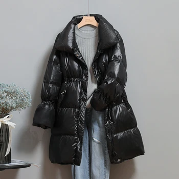 

Winter Women Stand Collar Long Down Parka Solid Color Long Sleeve Lace Zipper Down Coat Warm Snow Jacket Outwear Płaszcz Damski