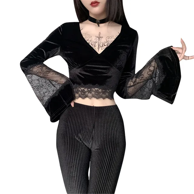 Goth Sexy Women Crop Top Flare Long 