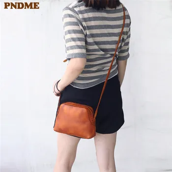 

PNDME fashion genuine leather ladies small shoulder bag simple retro casual real cowhide women's daily light mini messenger bags