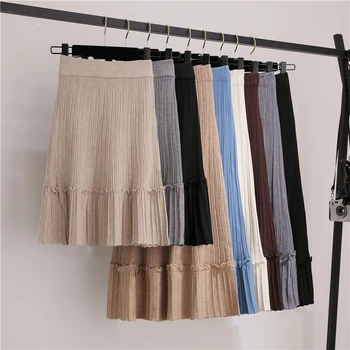 

2020 New Flounced Knitted A- line Dress Female Spring and Autumn New High-Waisted Loose Long Stitching Wool Half-Length Dress