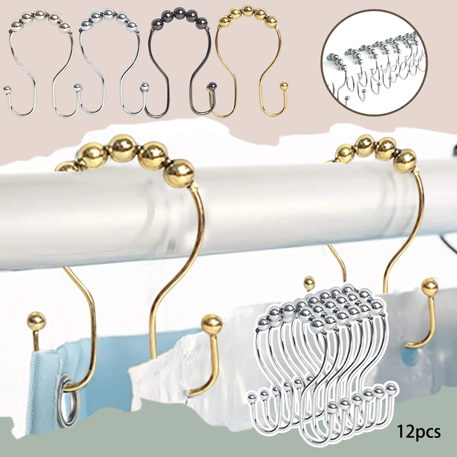 12pcs/pack Stainless Steel Curtain Hooks Bath Rollerball Shower