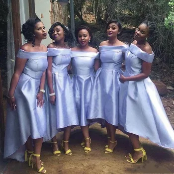 

Lavender Satin High Low Bridesmaid Dresses Off The Shoulder Women Simple Weding Party Dresses Maids of Honor Dress African