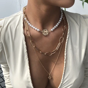 

Lalynnly Pearl Choker Necklaces Gold Color Chains Necklace For Women Girls Bohemian Necklace Summer Trendy Jewelry Bijoux N7510