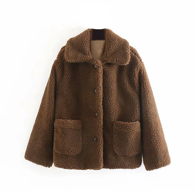 Зимнее однотонное плюшевое Женское пальто, Повседневная Толстая теплая куртка из искусственного меха с карманами, однобортная флисовая куртка, верхняя одежда, пальто - Цвет: Brown