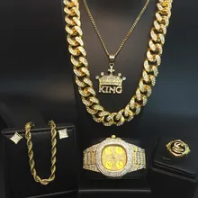 Золотое ожерелье в стиле хип-хоп, роскошные мужские кубинские часы со льдом, ожерелье, браслет, кольцо и серьги, ювелирный набор в стиле хип-хоп со льдом для мужчин