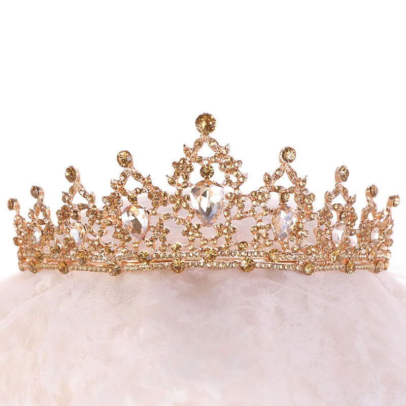 Wholesale Women Girl Diadem Blue Gold Tiaras and Crowns Crystal Hair Jewelry for Queen Princess Birthday Pageant Bride Wedding - Окраска металла: Champagne