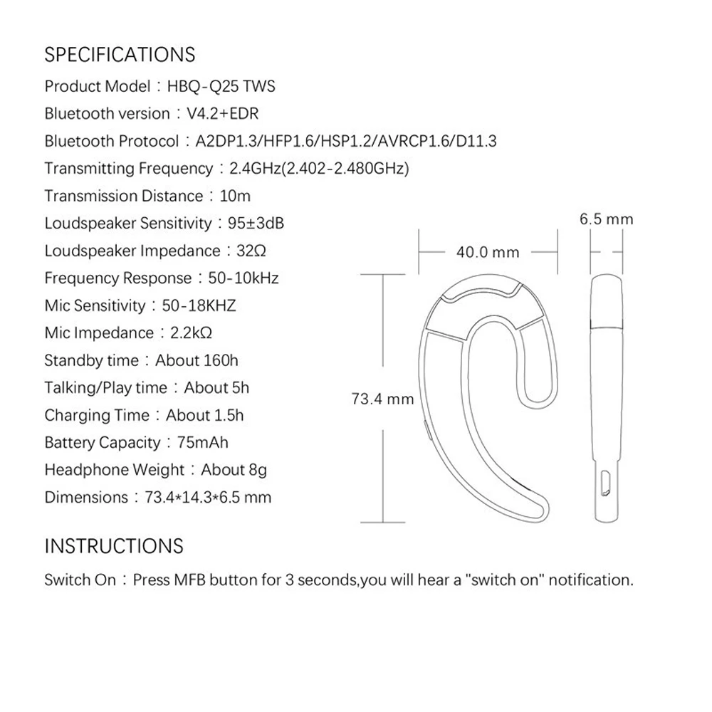 HBQ Q25 Bluetooth наушники TWS костной проводимости ушной крючок беспроводные Bluetooth наушники с микрофоном гарнитура для iPhone huawei