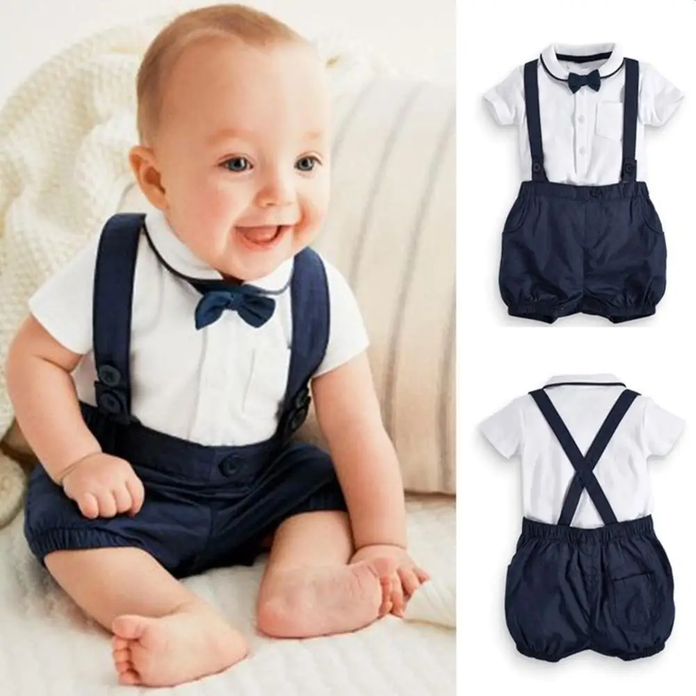 

2Pcs/Set Summer Baby T-shirt + Trousers Baby Boy Gentleman Necktie Deco Short Sleeve T-shirt Suspender Trousers Outfits