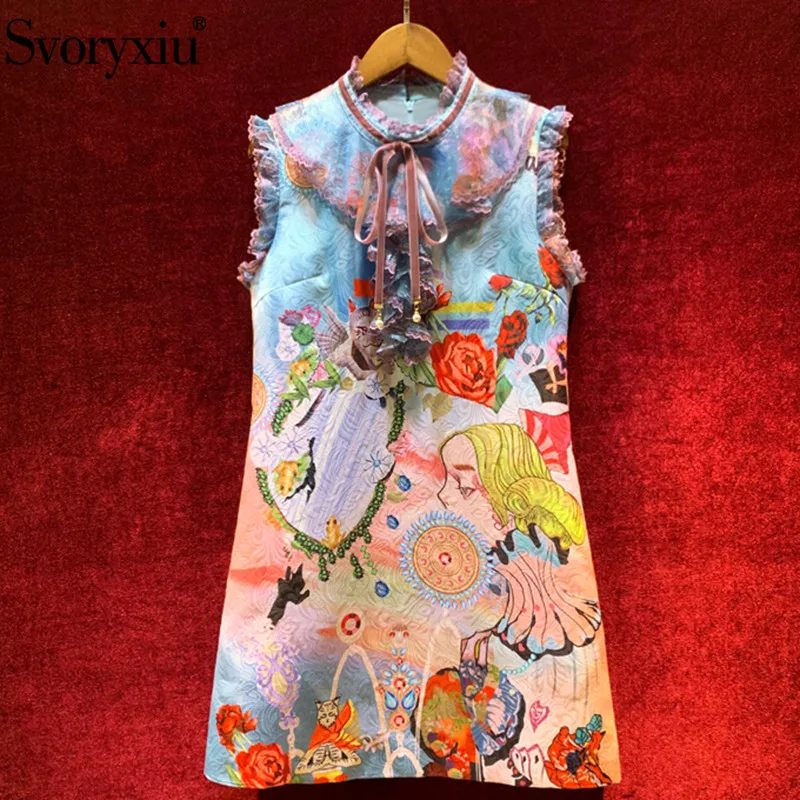 

Svoryxiu Colorful Lace Patchwork Cartoon Printed Short Dress Women's Sleeveless Jacquard Autumn Runway A-Line Mini Dresses