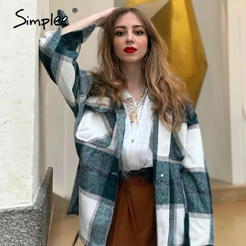 Simplee Повседневная клетчатая женская блузка, твидовое пальто, пуговицы, карманы, женские смесовые пальто, уличная одежда с длинным рукавом, свободные женские куртки 2020 on AliExpress 