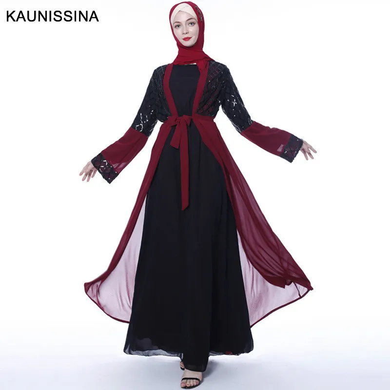 Red KAUNISSINA женские мусульманские платья элегантная Коктейльная халат из шифона с блестками в стиле пэчворк, длинные платья кимоно длинный Восточный халат для вечеринки, выпускного вечера - Цвет: Red