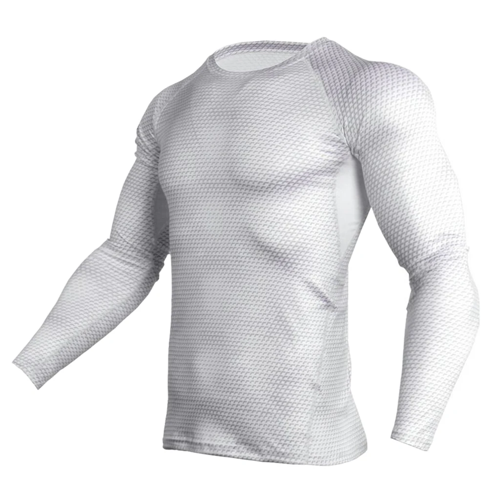 Men White Tight Sports Shirt Long Sleeves Top Fitness Gym Running Tee