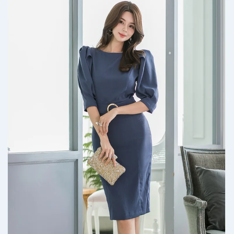 

2019 Autumn And Winter New Style Korean-style Business Elegant-Slim Fit Crew Neck High-waisted Slit Sheath Slimming Dress 19