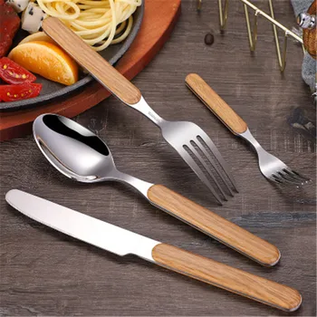 

Portable Wooden Handle Dinnerware Set Stainless Steel Plated Silver Knife Fork Tableware Cutlery with Plastic Box