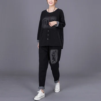 

Letter Printing Vintage Suits For Female Women's Loose Casual Long Sleeve Two-piece Suit Women Two Piece Outfits Set