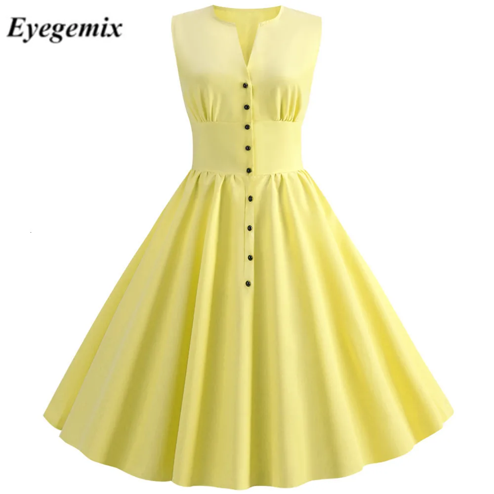 

Women Summer Vintage Dress Solid V Neck Sleeveless 50s 60s Pin Up Vestidos Button Fly Evening Party Rockabilly Retro Dress Robe