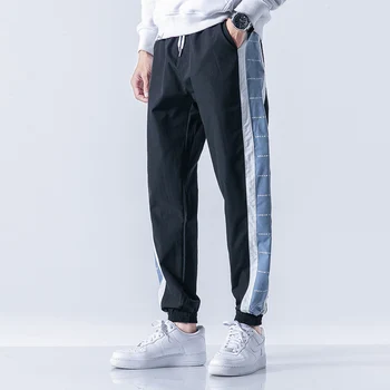 

Autumn Men's Pants Side Patchwork Pantalones Hombres Elastic Waist Black Gray M-3XL Trousers