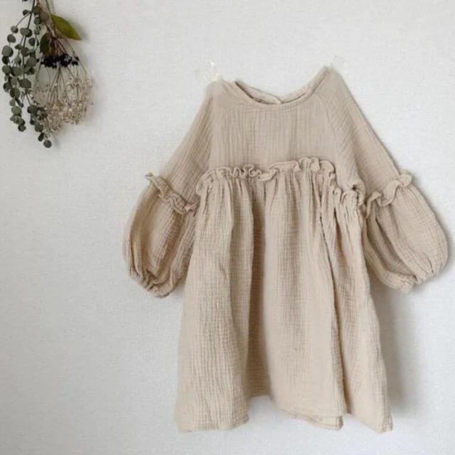 Kids Clothing Toddler Kids Girls Dress Linen Dress Brown Color Spring Baby Girls Dresses European& America Style Clothing - Цвет: Beige