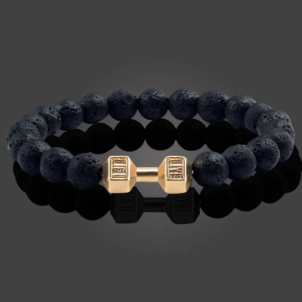 

Natural Black Volcanic Lava Stone Dumbbell Bracelet Black Matte Beads Bracelets For Women Men Fitness Barbell Jewelry Hot Sale