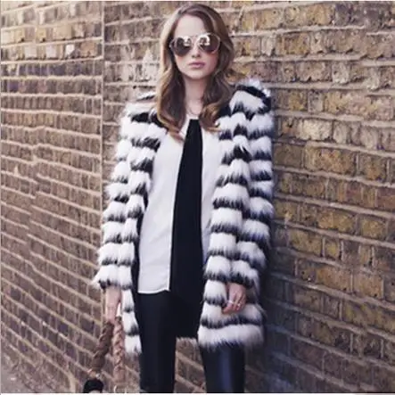 Chaqueta mujer, Женское пальто из искусственного меха,, зимние вязаные куртки, объемная верхняя одежда из искусственного лисьего меха, пальто в черно-белую полоску J100