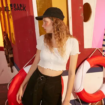 

ELFSACK White Chic Button Minimalist Slim Korean Style Crop Tops Women T-Shirt 2020 Spring Pure Short Sleeve Girly Basic Tee