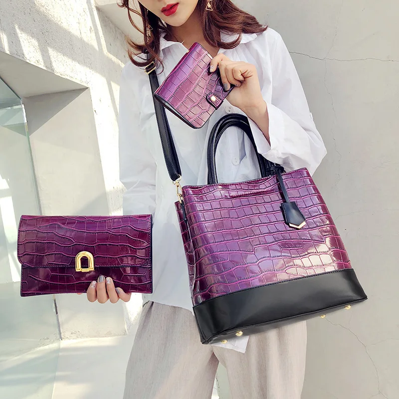 

Top Grade WOMEN'S Bag Fashion Three-piece Set Different Size Bags Western Style Stone Pattern Shoulder Bag/ Hand Bag Patent Leat