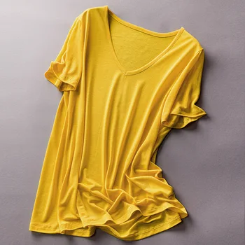 

Spring and summer 2020 new short-sleeved quality casual wild style multi-color V-neck fabric shirt lyocell silk T-shirt women