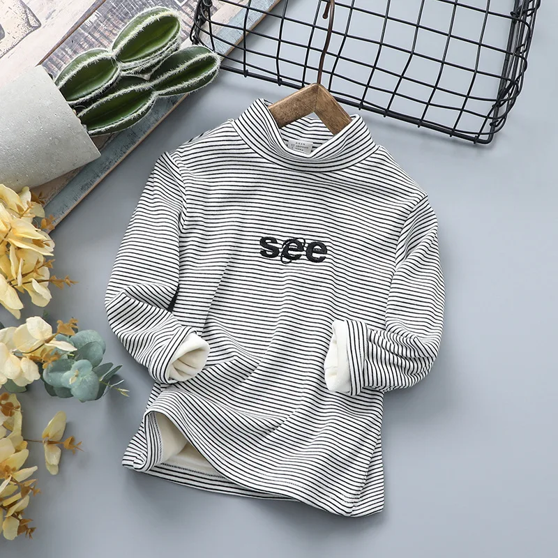 Children's clothes in winter lap high collar stripe Top with long sleeves Warm fleece long-sleeved T-shirt black white