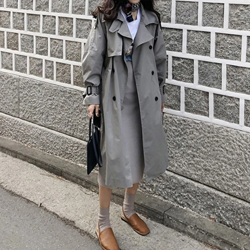 

[EWQ] Korea Style Turn-down Collar Oversize Long Trench Coat Slim Outwear Vintage Loose Gray Windbreaker 2019 Autumn New QK96802