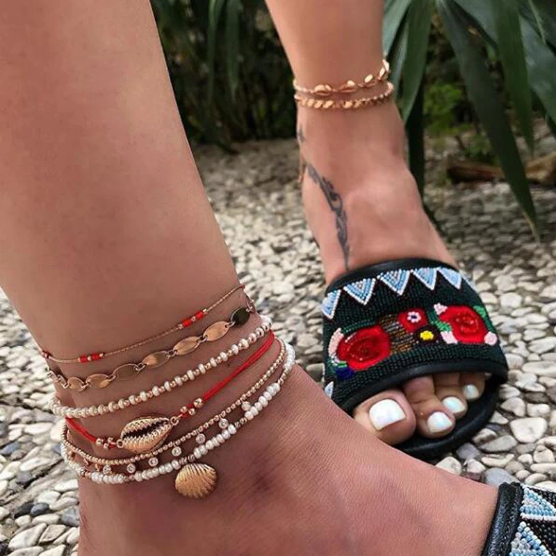 

Tocona Multilayer Gold Color Anklet Shell Sequins Beads Geometric Anklet Set Vintage Feet Bracelet Boho Beach Foot Jewelry 8614