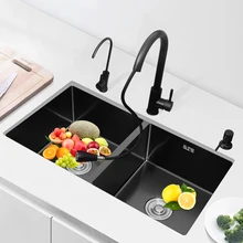 

Kitchen sink double bowl with counter under the counter, vegetable washing tank black 304 stainless steel