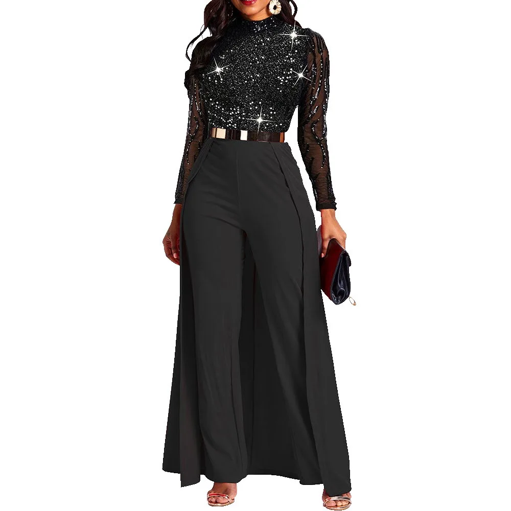 Elegant Black Sequined Jumpsuits Bodycon Long Sleeve High Waist Shinny