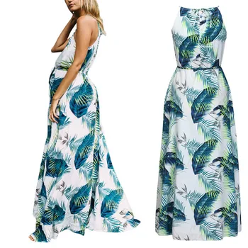 

Green Leaf Style Chiffon Casual Maternity Printed Suspender Sexy Beach Pregnant Women's Dress
