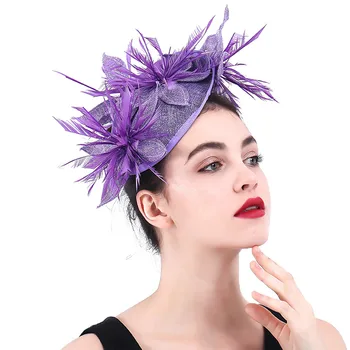 

lavender imitation Sinamay Fascinators Elegant Ladies Headpiece feather Floral Hat hairclip Wedding Party Derby Hair Accessories