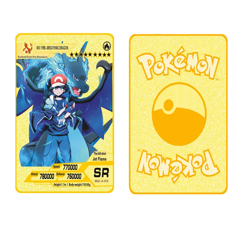 NEW Pokemon Gold Metal Flash Mewtwo Mew Big Pikachu Charizard Game Battle Collection Trading Action Figure Model Card for Kid