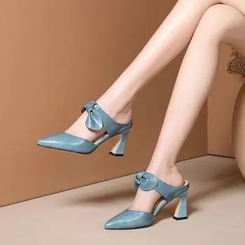 

Slingbacks Elegant Women Mules Genuine Heels Genuine Leather high Heels Pumps Famale Wedding Party 2020 Shoes Woman