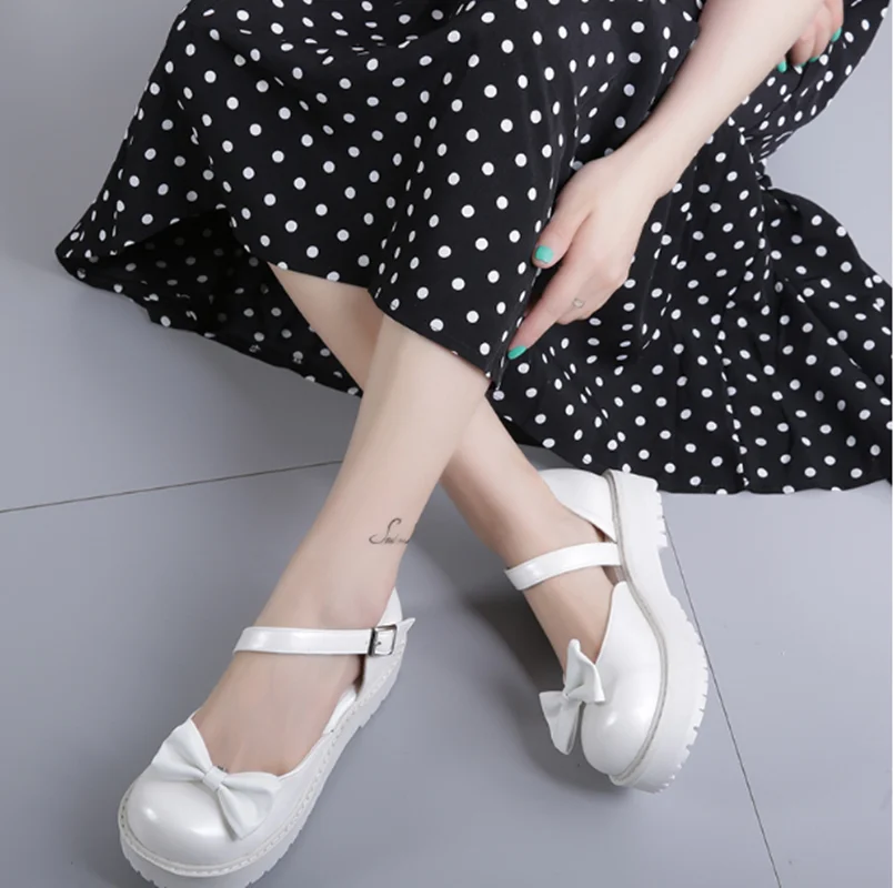 

vintage round head low heel women shoes cute bowknot one-word buckle kawaii shoes loli cosplay Japanese sweet lolita shoes