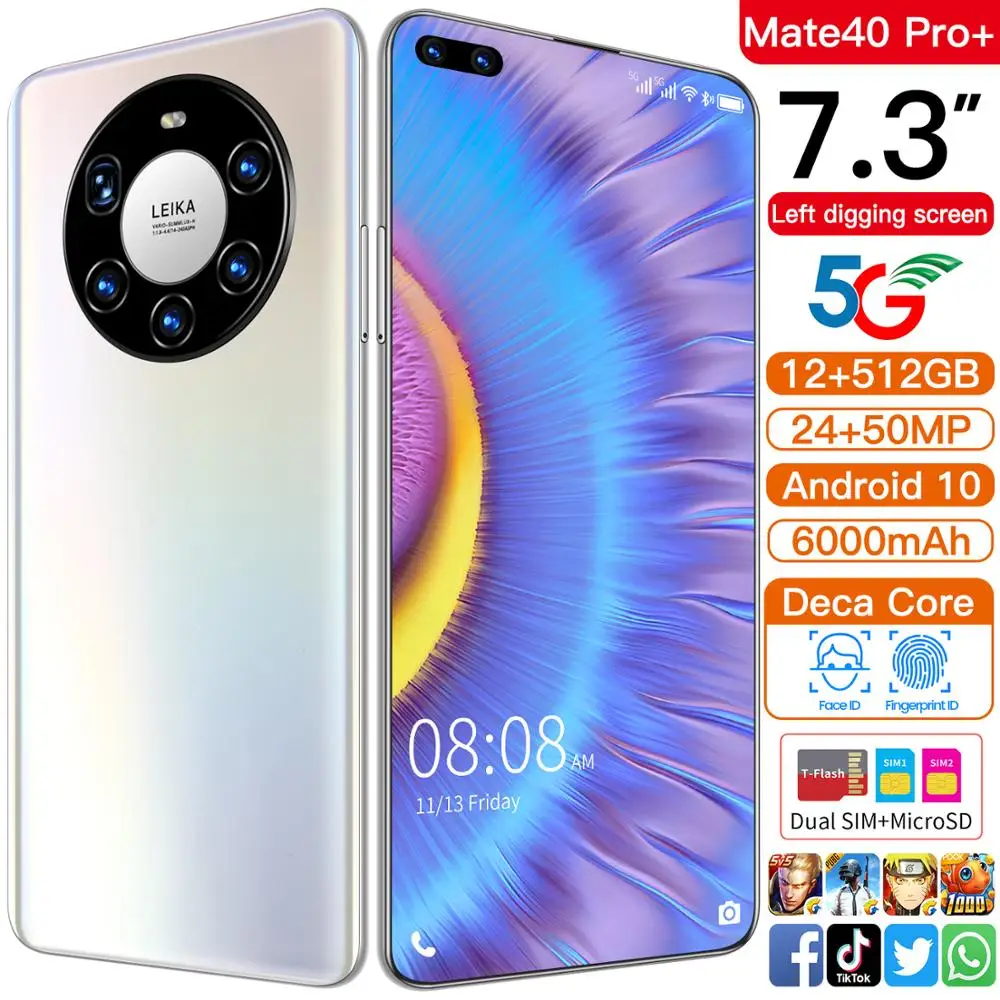 Global Version HUAWE Mate40 Pro+ Smartphone 7.3 Inch Full Screen Deca Core 6000mAh 12GB 512GB 4G LTE 5G Network Mobile Phone