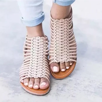 

Summer Women Rome Female Sandals Open Toe Woman Hollow Zippers Low Heels Shoes Ladies Out Women's Solid Footwear Plus Size
