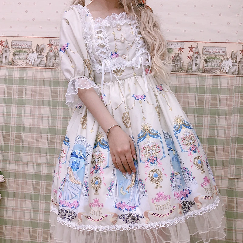 Kawaii/платье в японском стиле «Лолита»; мягкое милое и милое платье «Ангел» для девочек; платье с короткими рукавами в стиле «лолита»