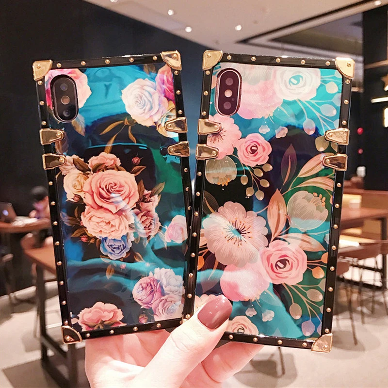 Luxury Blue Ray Flower Rose Square Silicone Holder Phone Case for iphone XR XS Max X 11 6 s 7 8 plus for samsung S9 S10 Note 10 (4)