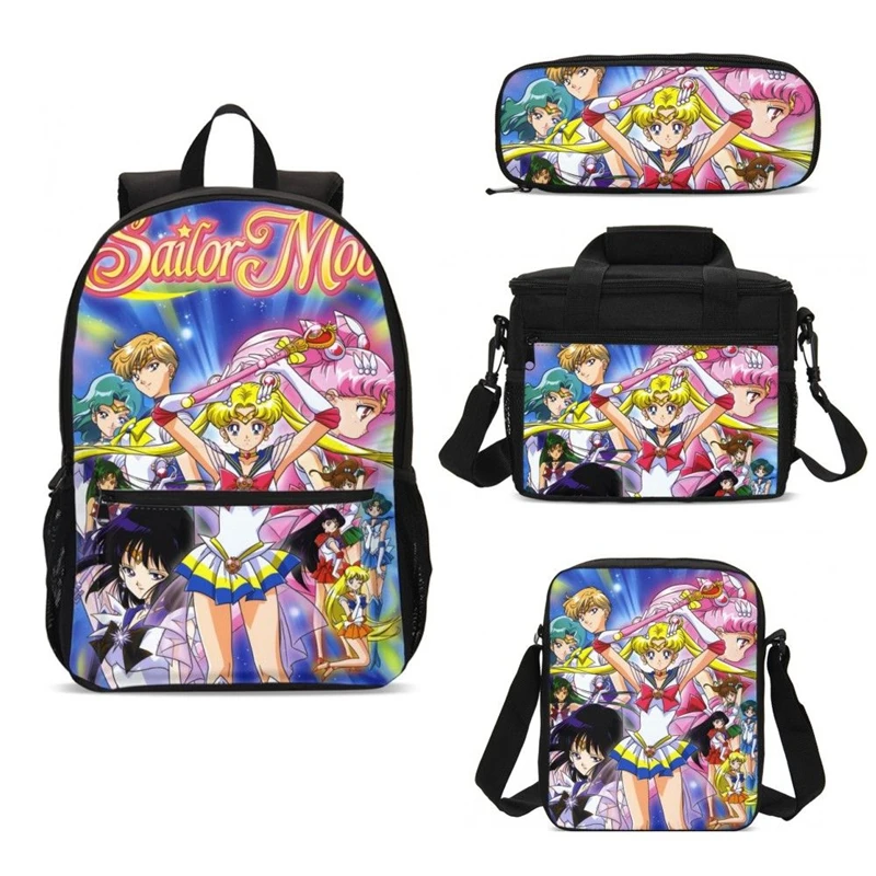 Sailor Moon/Комплект детских школьных сумок с 3D принтом; повседневные школьные сумки для девочек; чехол для ланча; Сумка-карандаш; детский школьный рюкзак; 4 шт