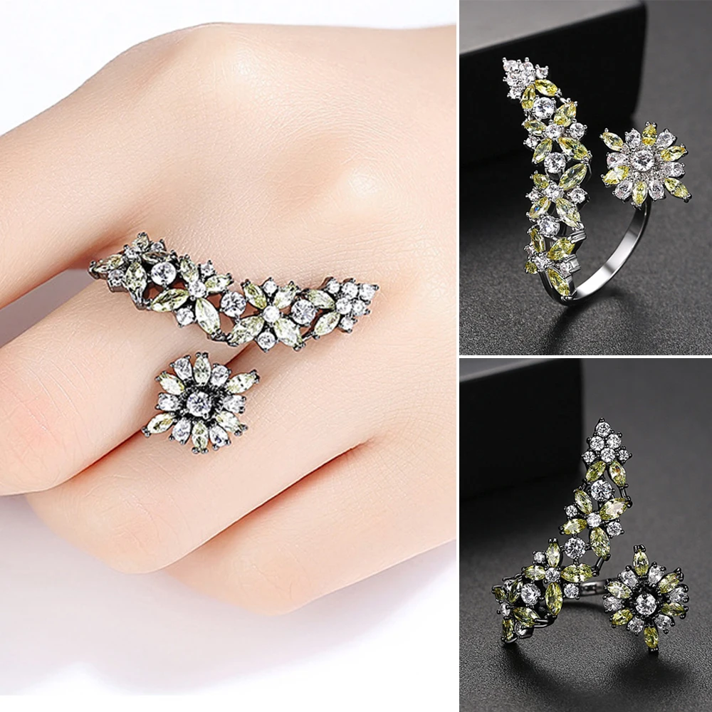 Flower Adjustable Ring Crystal Rhinestone Open Rings for Women Fashion