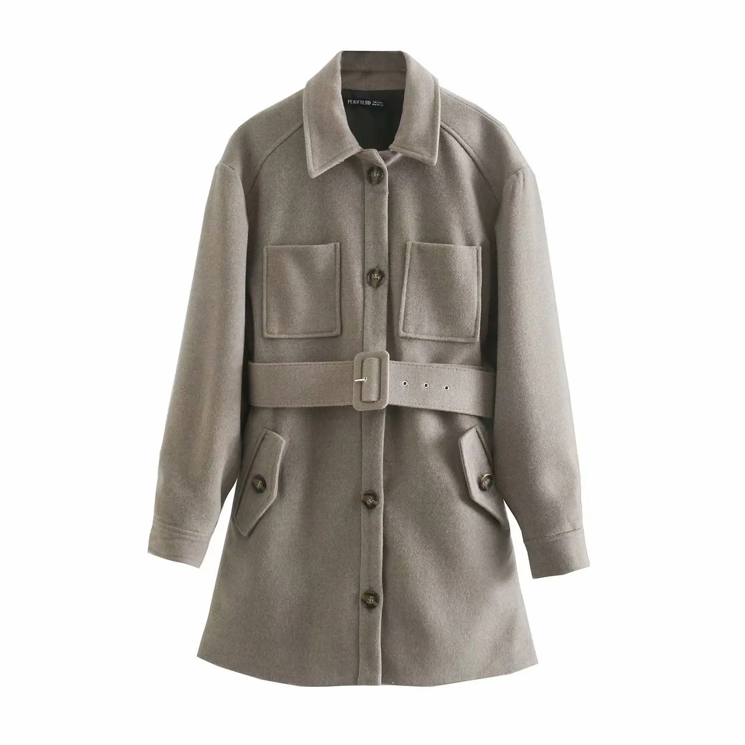 

Zoulv Autumn and Winter 2020 Long Lapel Pocket with Belt Woolen Shirt Windbreaker Street Slim Shirt Jacket Women Coat