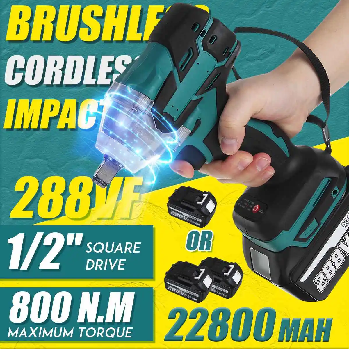 

NEW 22800mAh 288VF Brushless Electric Impact Wrench 1/2 Lithium-Ion Battery 6200rpm 800 N.M Torque 110-240V