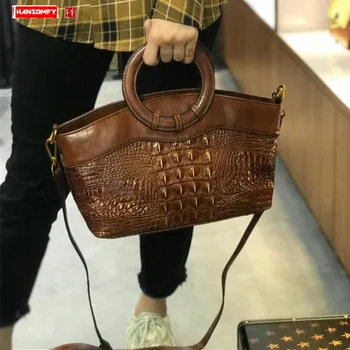 

New Women Handbags Genuine Leather Ladies Bag OL Shoulder Messenger Bag Female Portable Retro Crocodile Pattern Embossed Bags