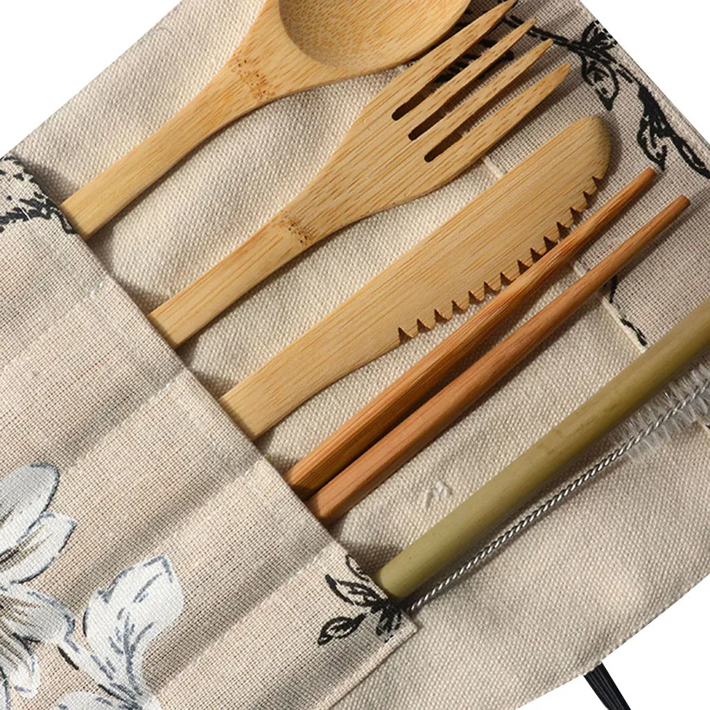 Portable Bamboo Cutlery With Bags Travel Eco-friendly Fork Spoon Chopsticks Straw Brush Set Include Reusable Bamb Tableware