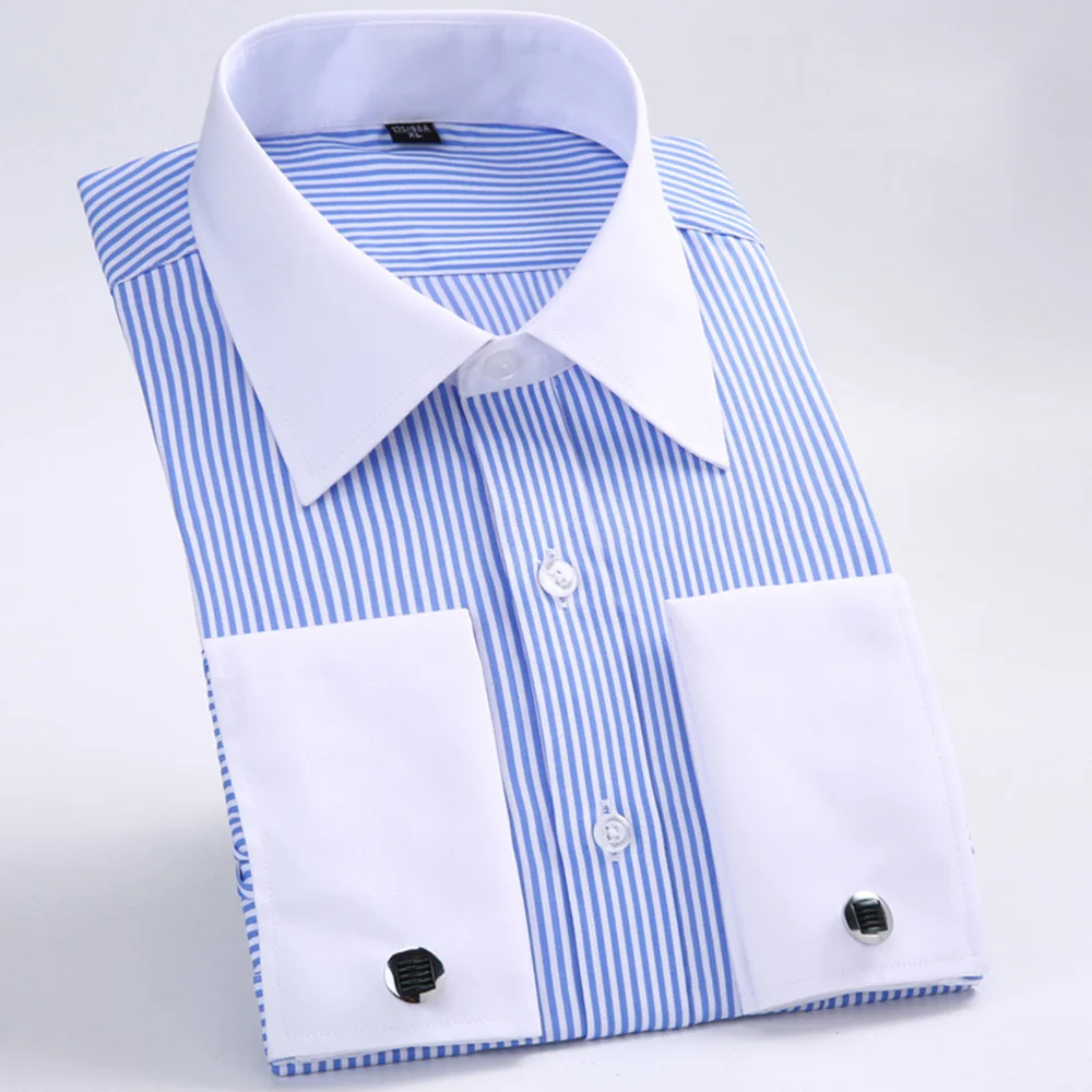 Men's Dress Shirts Loose French Cuff Regular fit Luxury Striped Business Long Sleeve Cufflinks Social Pluse Size Blouse 6XL