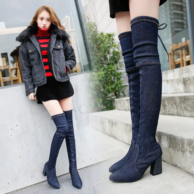 

2019 Autumn And Winter Pointed High Heels Over-the-knee Boots Chunky Heel Slimming Denim Korean-style Knee-High Boots WOMEN'S Bo